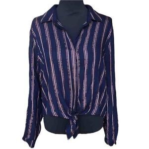 Bella Dahl Shimmer Stripe Tie Waist Open Collar Button Up Blouse Sz‎ L
